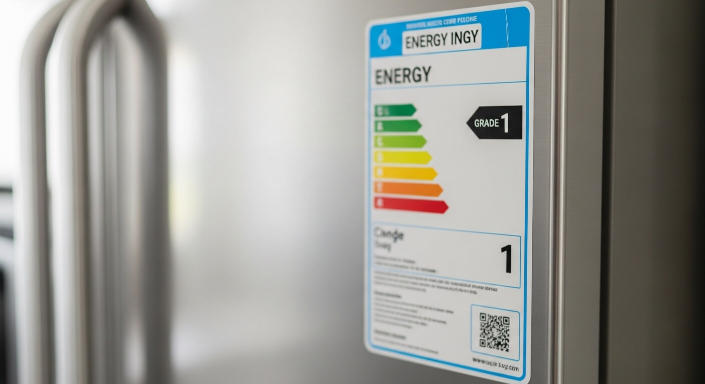 냉장고 문에 부착된 1등급 에너지효율 등급 라벨 근접 촬영