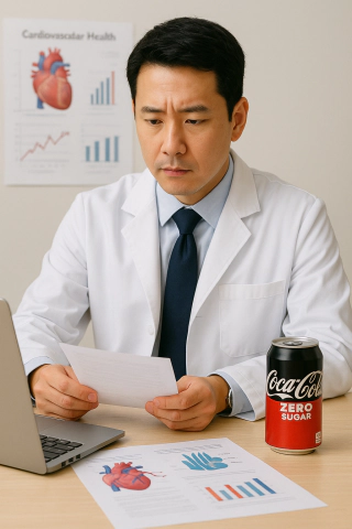 의사가 흰 가운을 입고 책상에 앉아 제로콜라와 정력과의 자료를 검토하는 모습