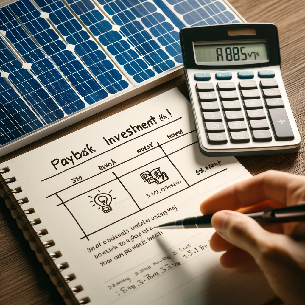 미니 태양광 투자 회수 계산 – 계산기, 노트, 태양광 패널과 비용 분석