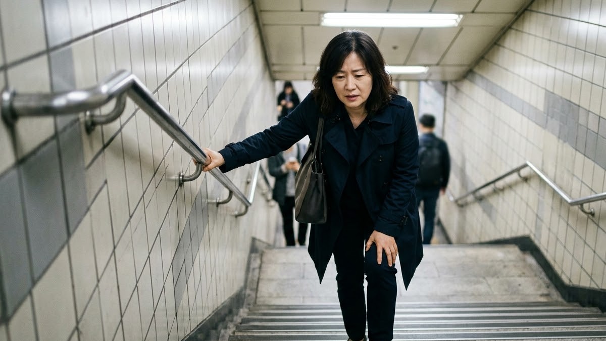 지하철 계단을 내려가다 무릎을 짚고 멈춘 여성