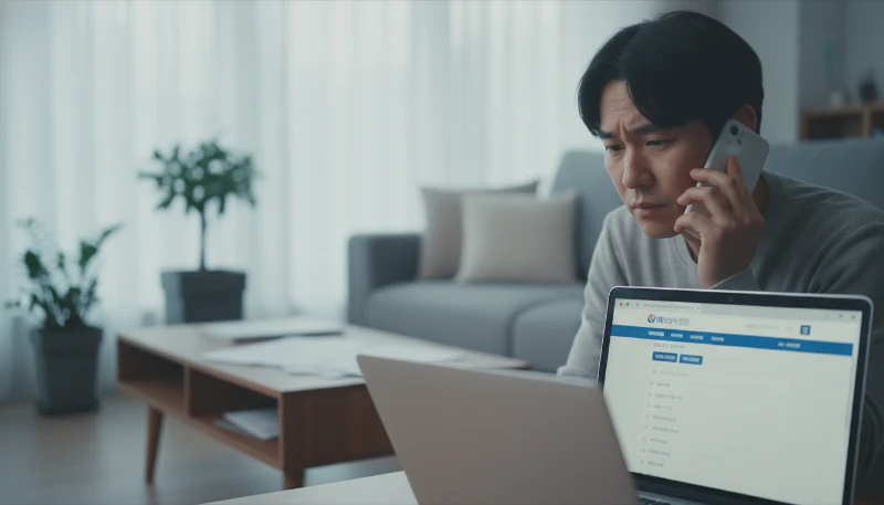 건강보험공단 상담원과 전화로 자격 상실 원인을 파악하는 모습