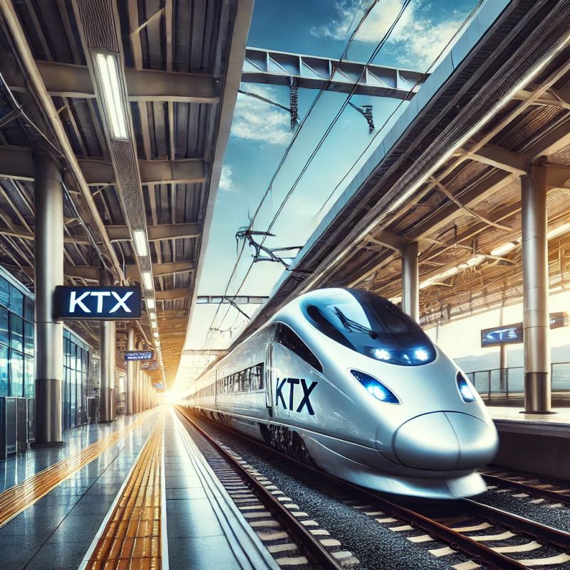 광명역에서 출발하는 KTX 열차, 맑은 날씨와 현대적인 디자인이 돋보이는 모습