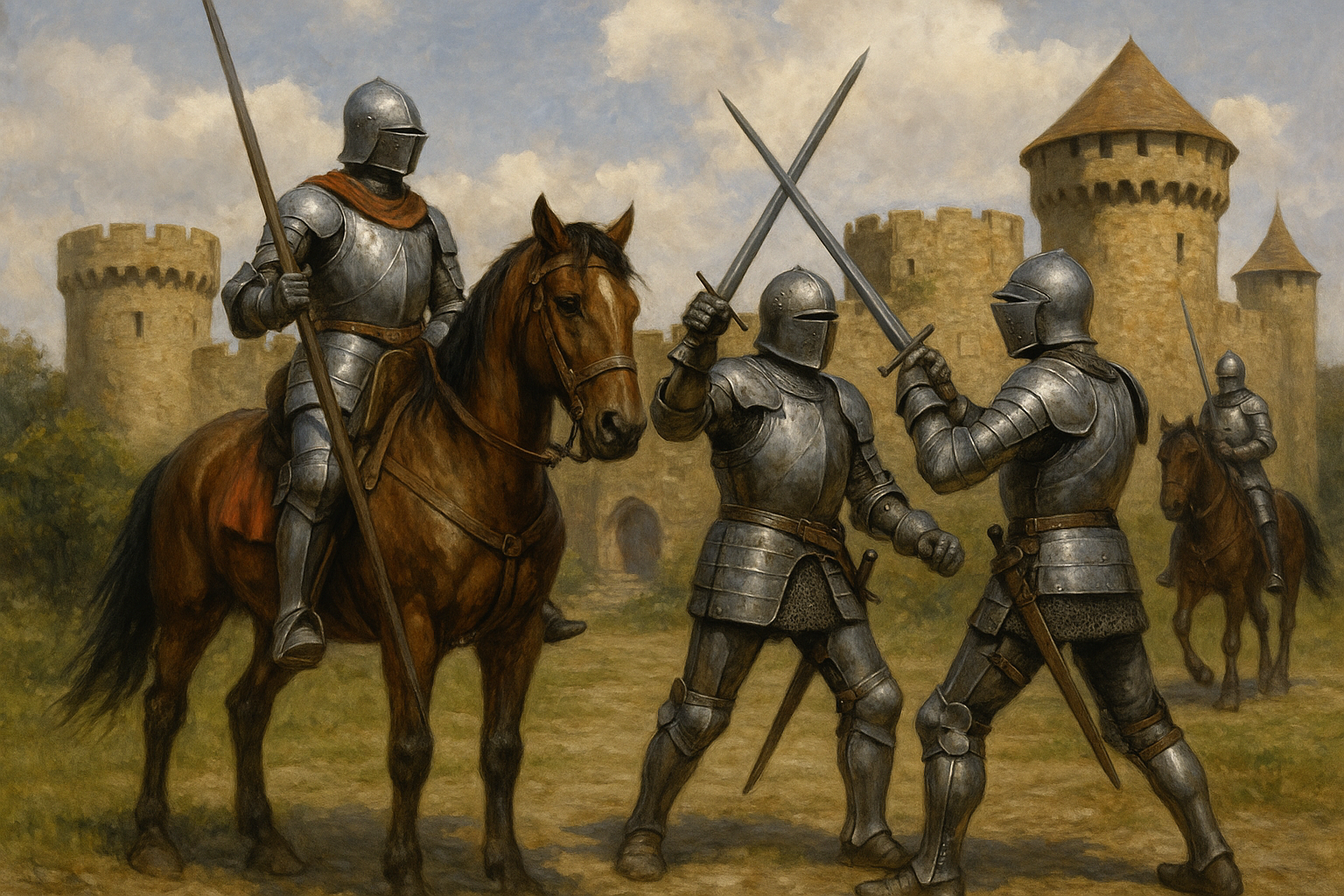 중세 기사들이 갑옷을 입고 말을 타며 훈련하는 모습