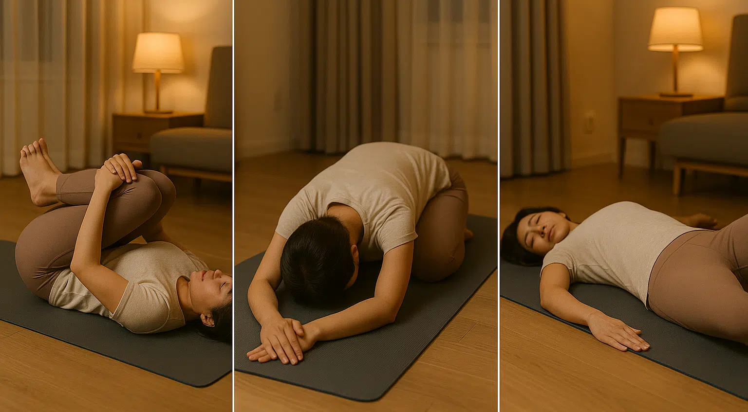 밤에 조용한 방에서 요가 매트 위에 있는 사람, 무릎 당기기 자세·아기 자세·누운 트위스트 동작