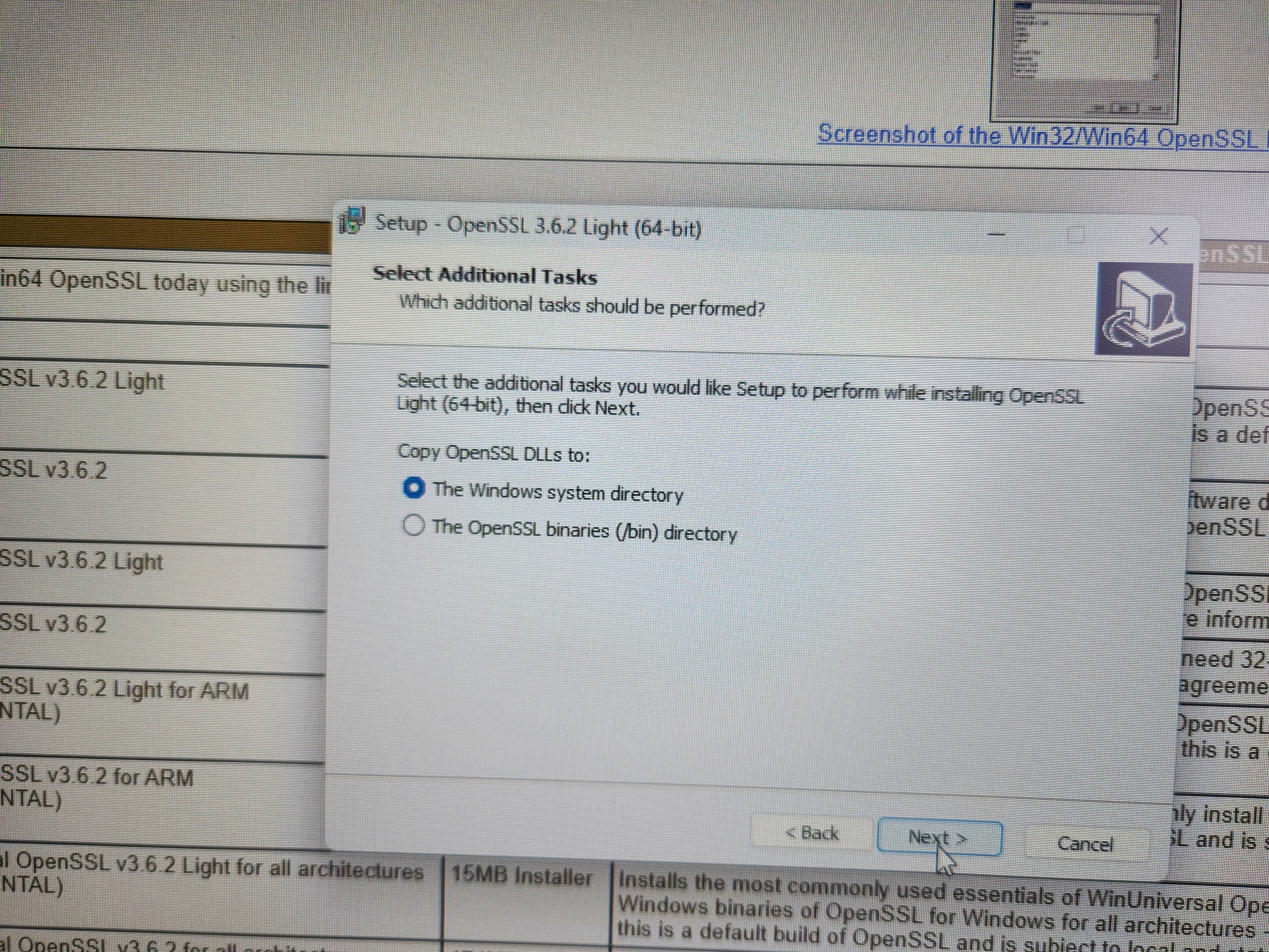 OpenSSL 설치 옵션 The Windows system directory 선택 하기