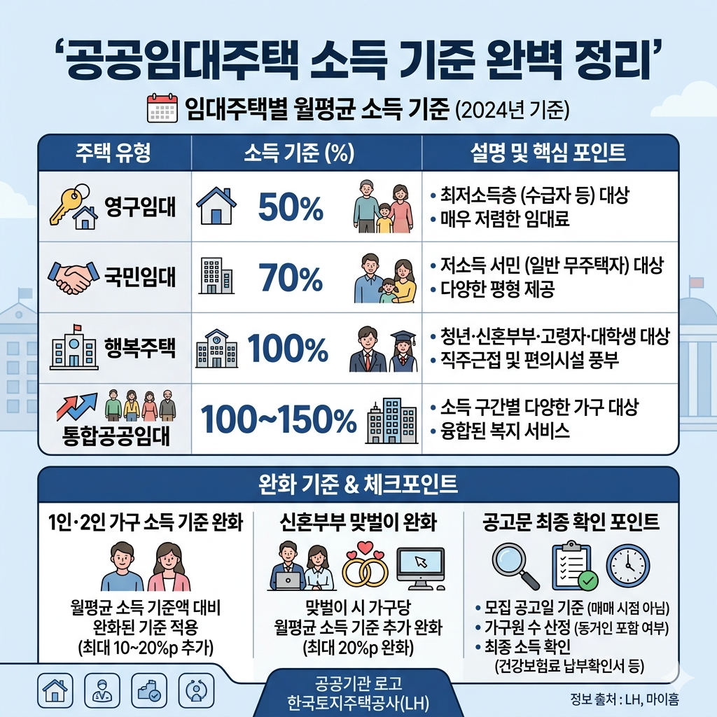 공공임대주택 소득 기준 영구임대&middot;국민임대&middot;행복주택&middot;통합공공임대 인포그래팩
