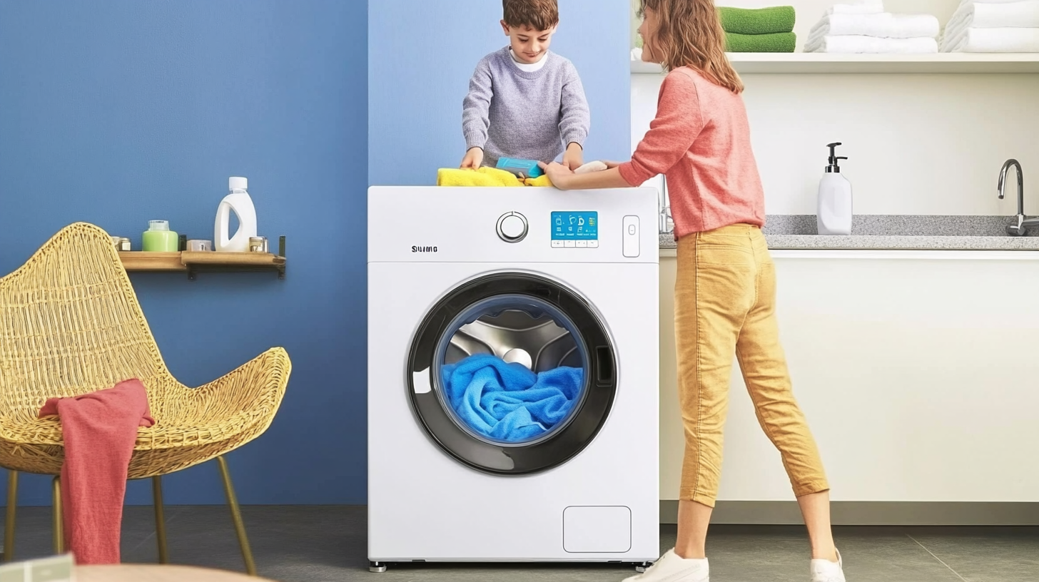 세련되고 깨끗한 세탁실에서 가족이 스마트폰 앱으로 삼성 세탁기를 제어하며 만족감을 느끼는 모습