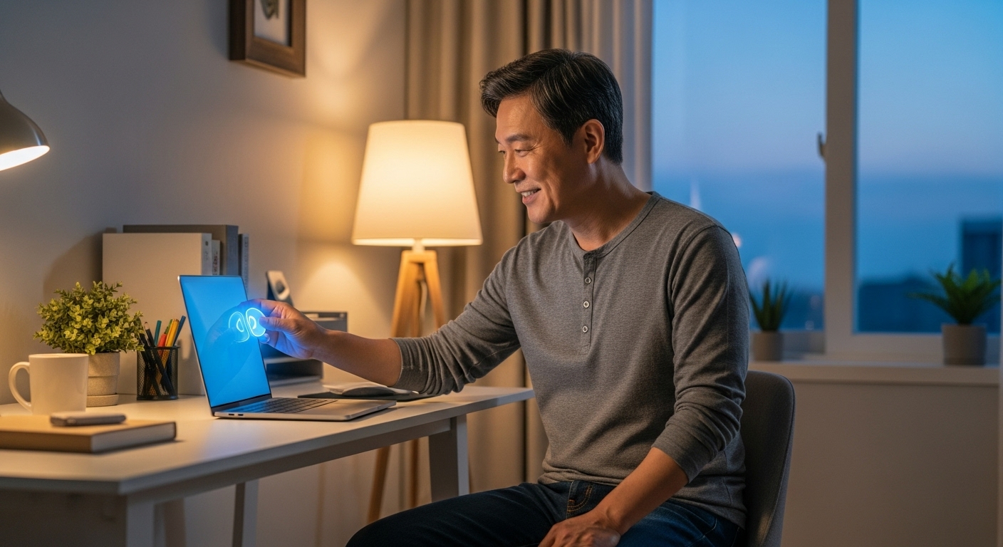 남성이 블루라이트 필터를 설정하는 모습