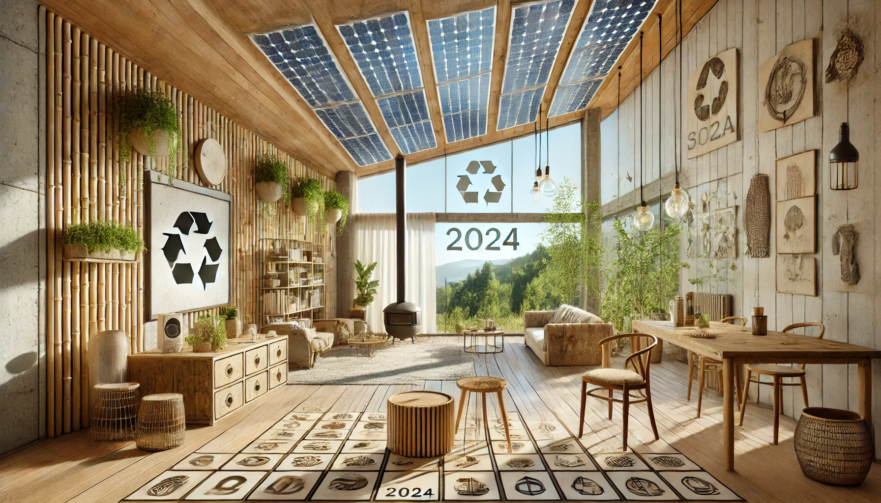 2024년 지속 가능한 인테리어 디자인을 보여주는 이미지. 태양광 패널, 업사이클링 가구, 대형 창문을 통해 자연광을 받아들이는 모습.