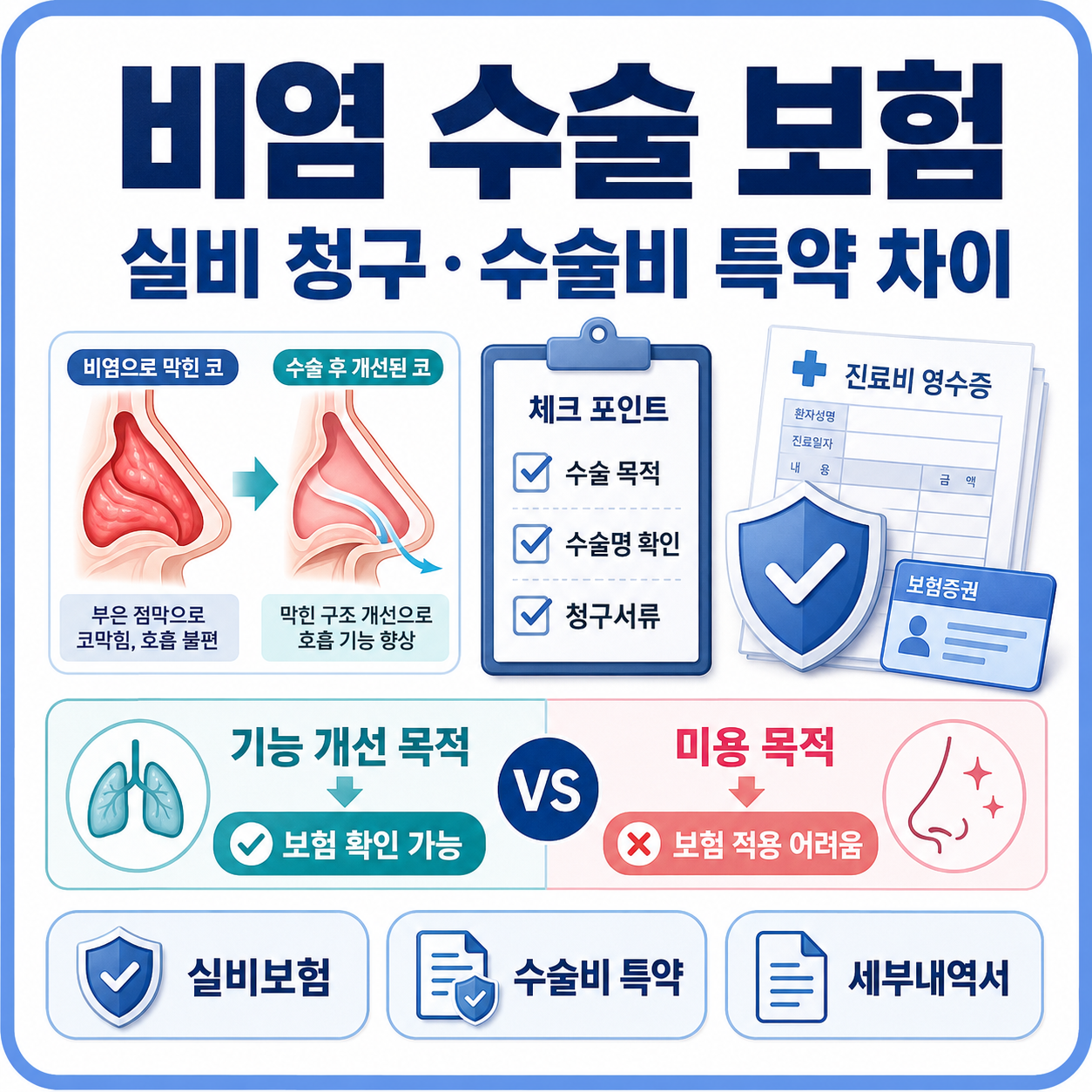 비염 수술 보험 청구 전 실비보험과 수술비 특약, 기능 개선 목적과 미용 목적 차이를 확인하는 카드형 대표 이미지