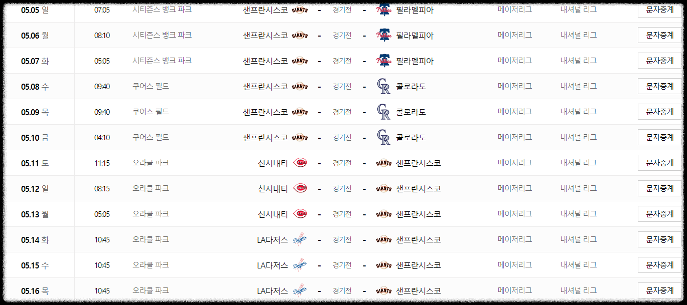 이정후선수 5월 경기일정