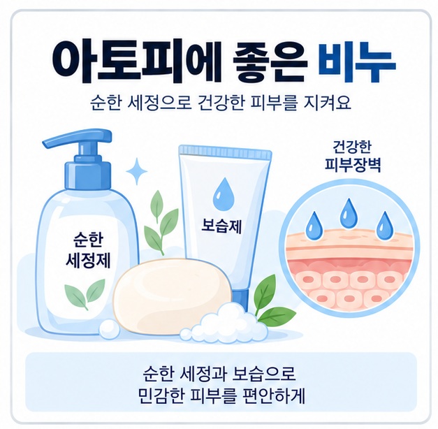 순한 세정제와 보습제 아이콘 위에 아토피에 좋은 비누 문구가 표시된 대표 이미지