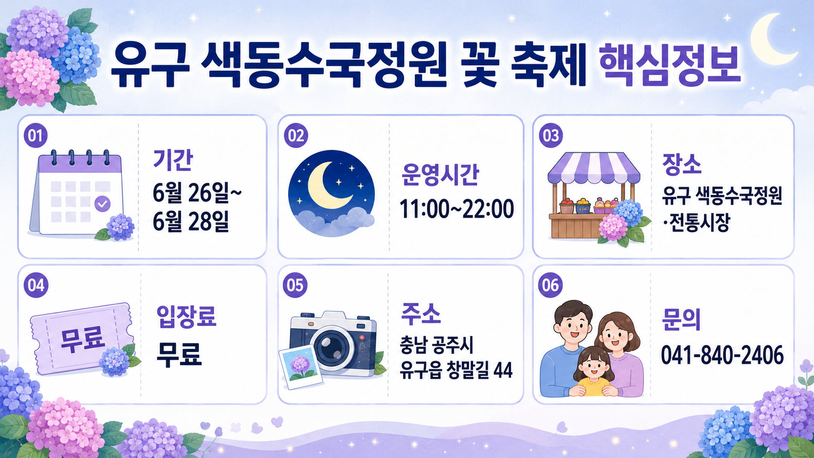 유구 색동수국정원 꽃 축제 핵심정보 인포그래픽으로, 기간 6월 26일부터 6월 28일, 운영시간 11시부터 22시, 장소 유구 색동수국정원·전통시장, 입장료 무료, 주소 충남 공주시 유구읍 창말길 44, 문의 041-840-2406 정보를 달력, 수국, 달, 시장, 카메라, 가족 아이콘과 함께 파스텔 블루와 퍼플 디자인으로 정리한 이미지