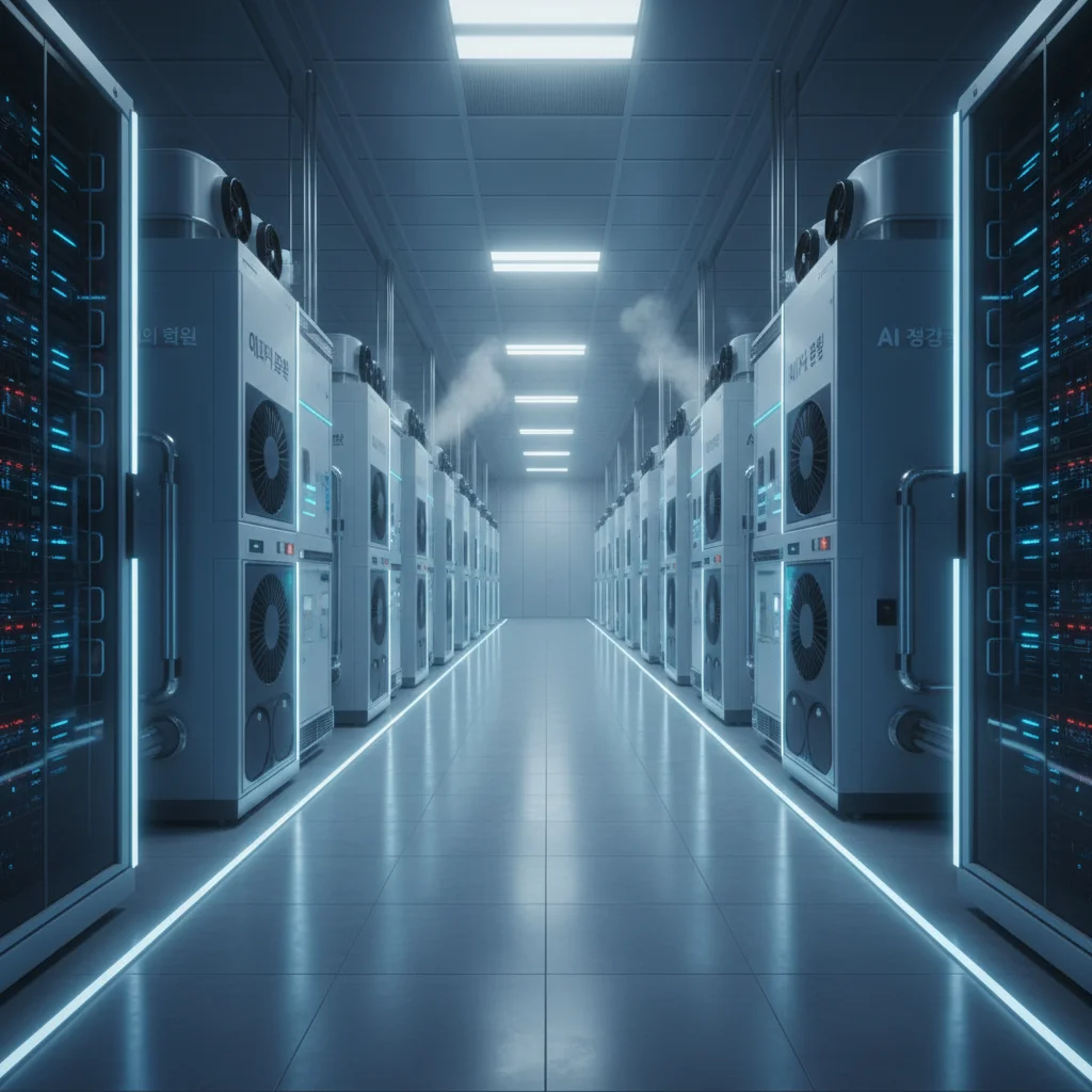 파란색과 흰색 조명으로 빛나는 미래지향적인 AI 데이터센터 내부의 고효율 히트펌프 냉각 시스템