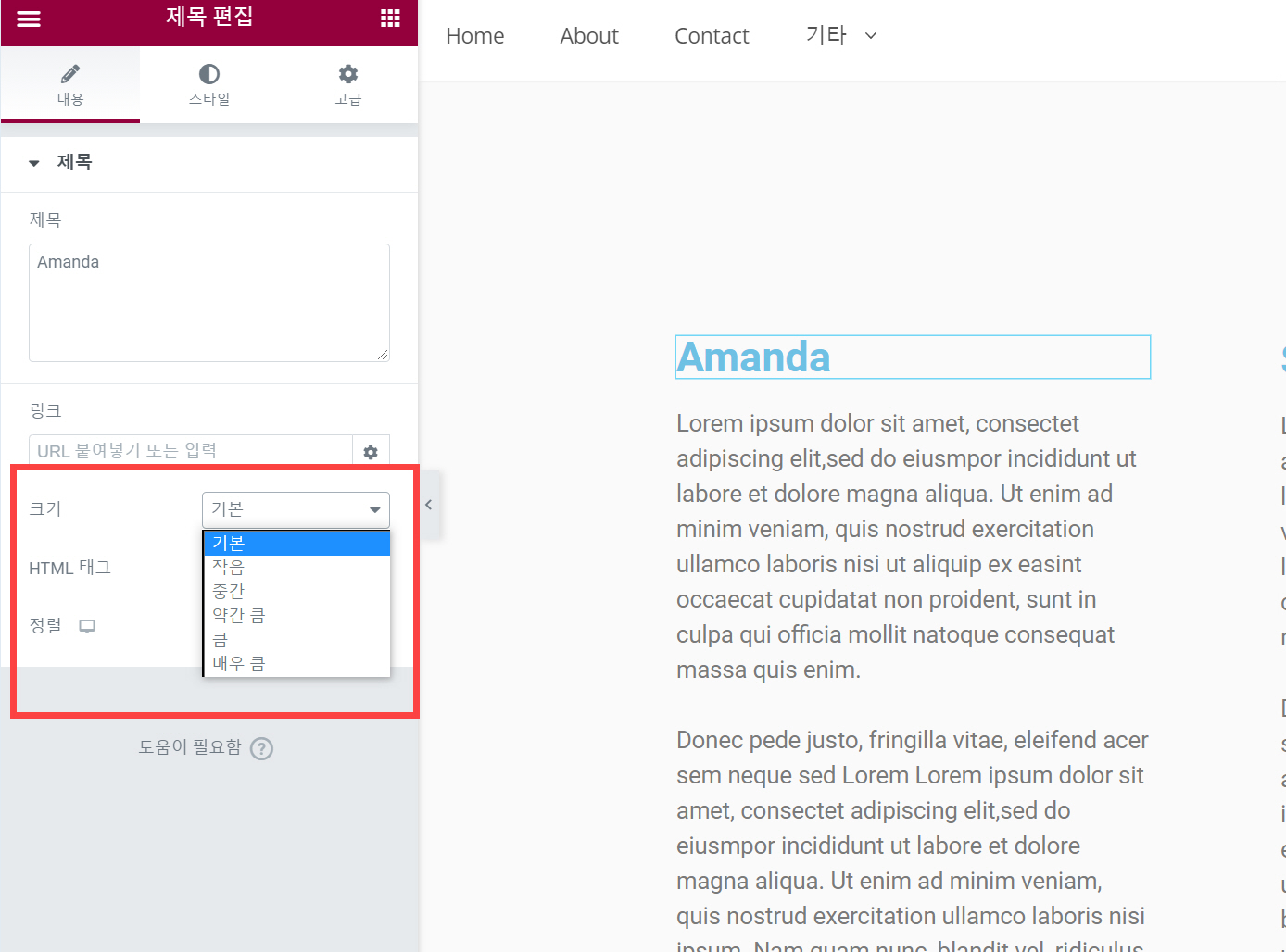 엘리멘터 페이지 빌더 글자 크기 조정하기