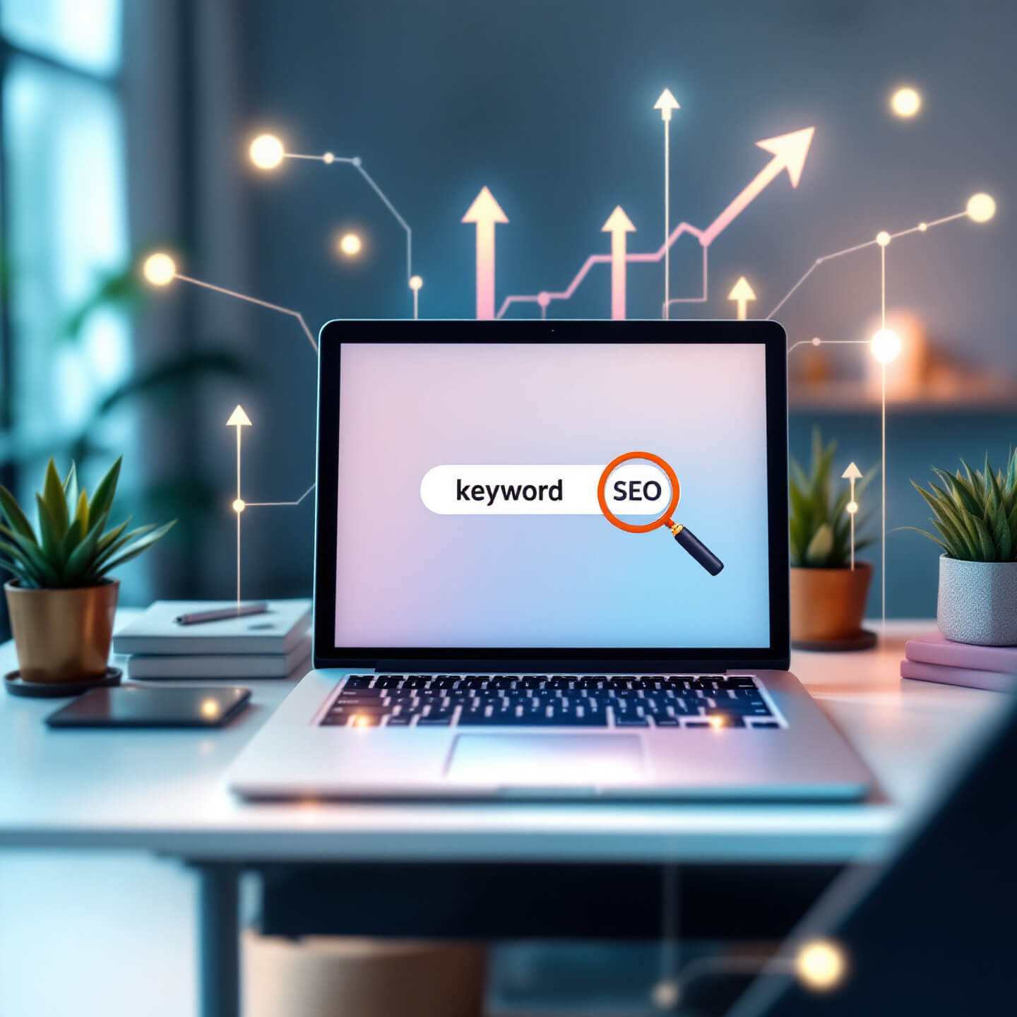 노트북 화면에 keyword와 SEO단어가 돋보기 아이콘과 함께 표시되고, 주변에 상승하는 그래프 화살표들이 배치되어 검색 최적화와 키워드 상승을 상징하는 이미지