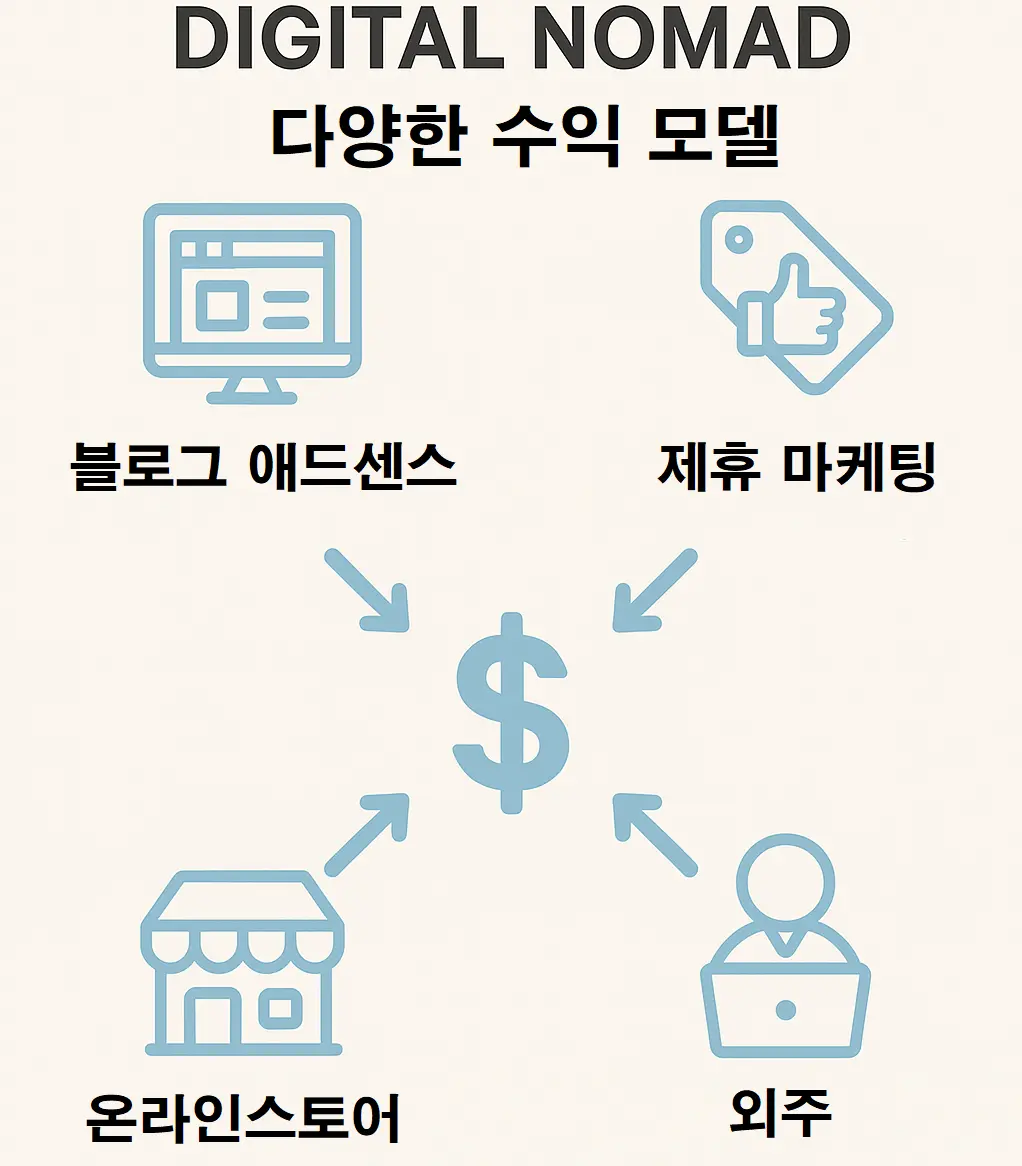 블로그, 제휴 마케팅, 스마트스토어, 외주 작업 등 수익 모델을 분산 구성한 인포그래픽