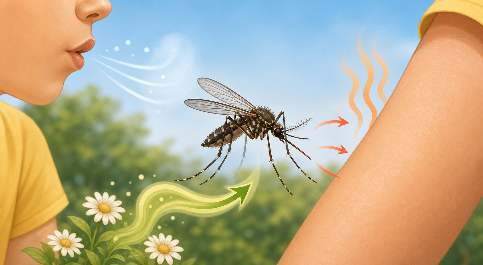 Educational illustration of a mosquito near a person's arm with simple science visuals