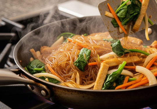 프라이팬 위에서 주황색 당근, 하얀 양파, 갈색 어묵이 어우러져 화려한 색감으로 볶아지는 모습