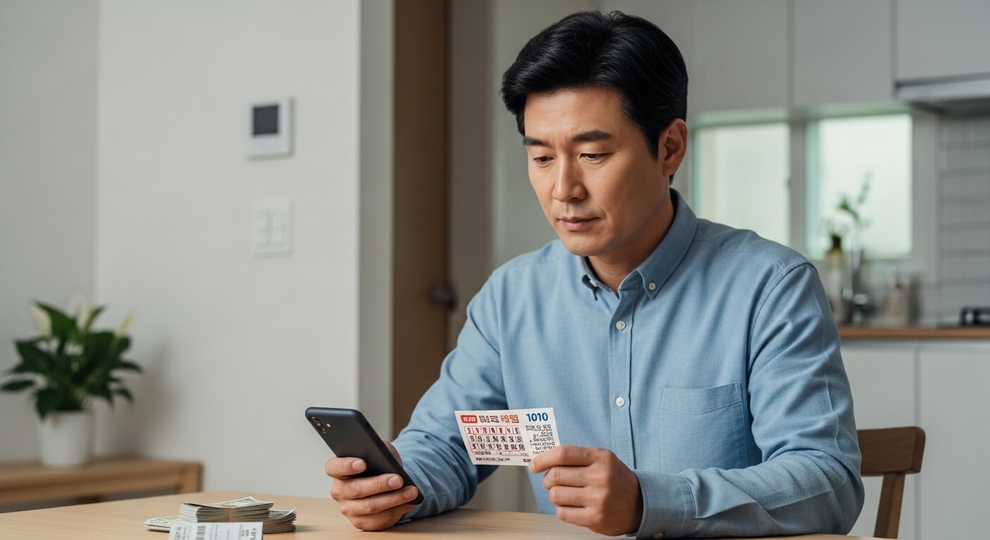 한국 중년 남성이 스마트폰으로 로또 당첨번호를 확인하는 장면