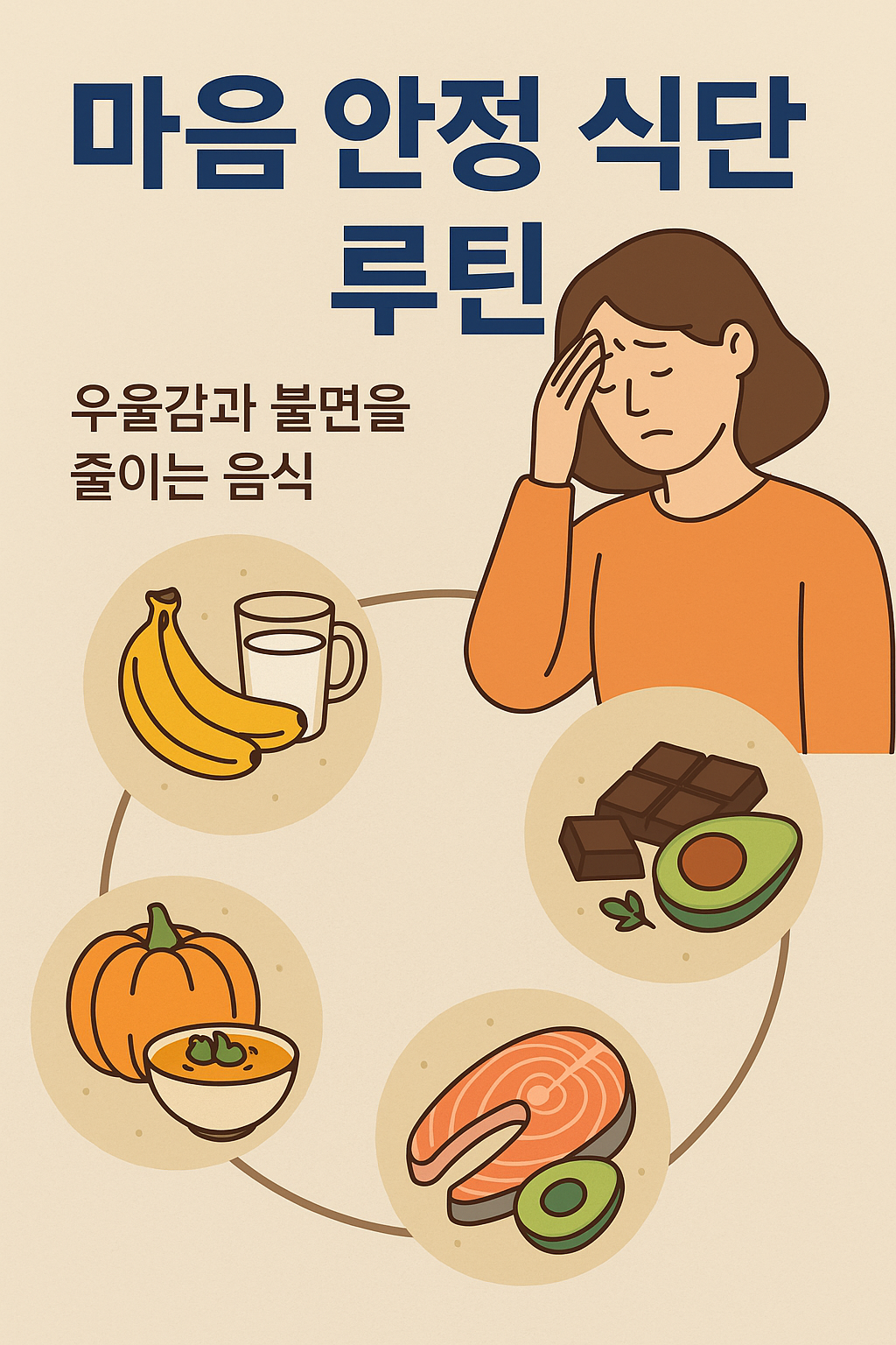 우울감과 불면을 완화하는 마음 안정 식단 루틴을 소개하는 한국어 인포그래픽 이미지로, 바나나와 우유, 호박죽, 연어와 아보카도, 다크초콜릿 등 관련 식품이 삽화로 표현된 플랫 스타일 디자인