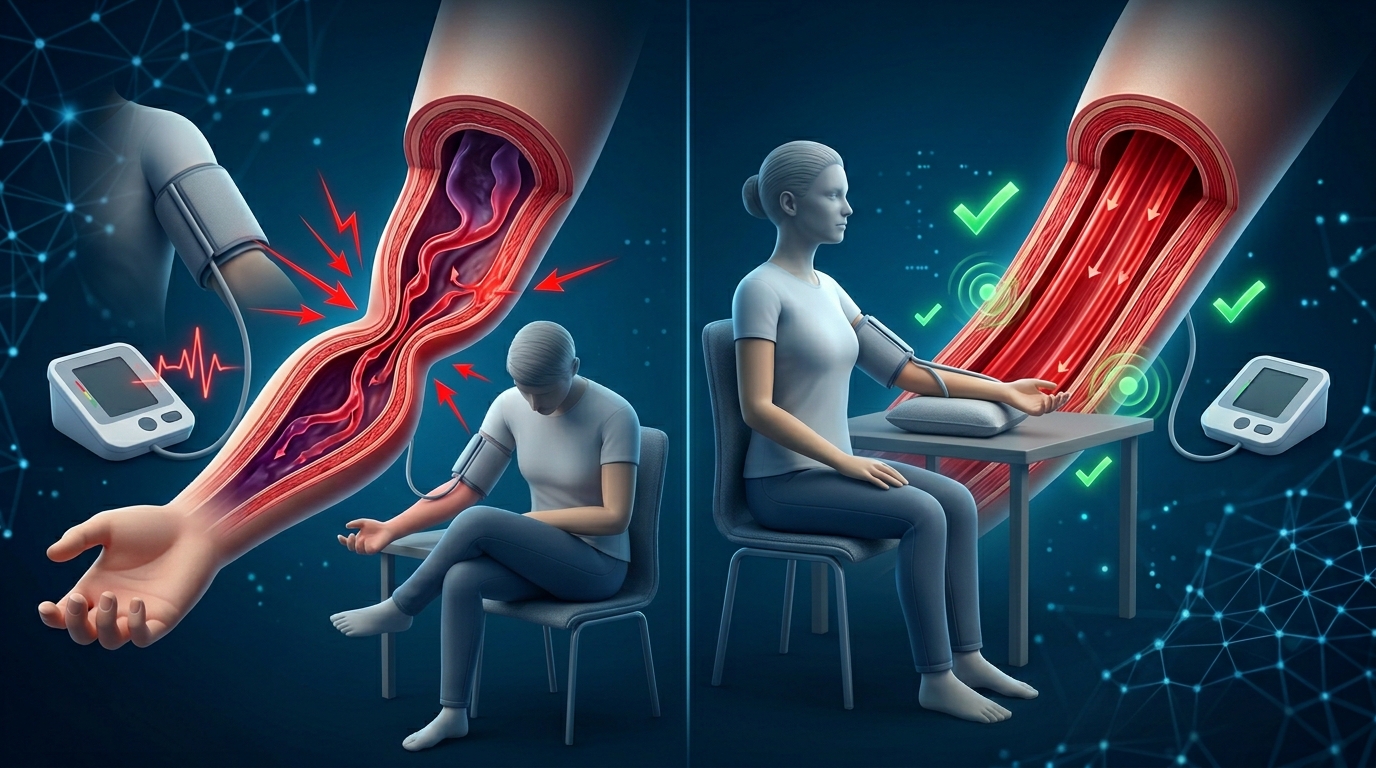 팔 위치와 올바른 자세 준수 여부에 따른 혈압 측정의 정확도 차이와 올바른 가정용 혈압 측정기 정확도 높이는 수칙, 오차 줄이는 올바른 측정 자세, 카페인 섭취 자제 및 안정 상태 측정 매뉴얼, 정기적인 영양소 보충 가이드를 통해 혈관 장벽을 수호하고 심혈관 세포를 안전하게 보호하는 대책을 비교하여 시각화한 피부과 정형외과 의학 일러스트레이션.