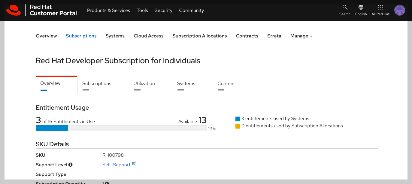Redhat subscription page