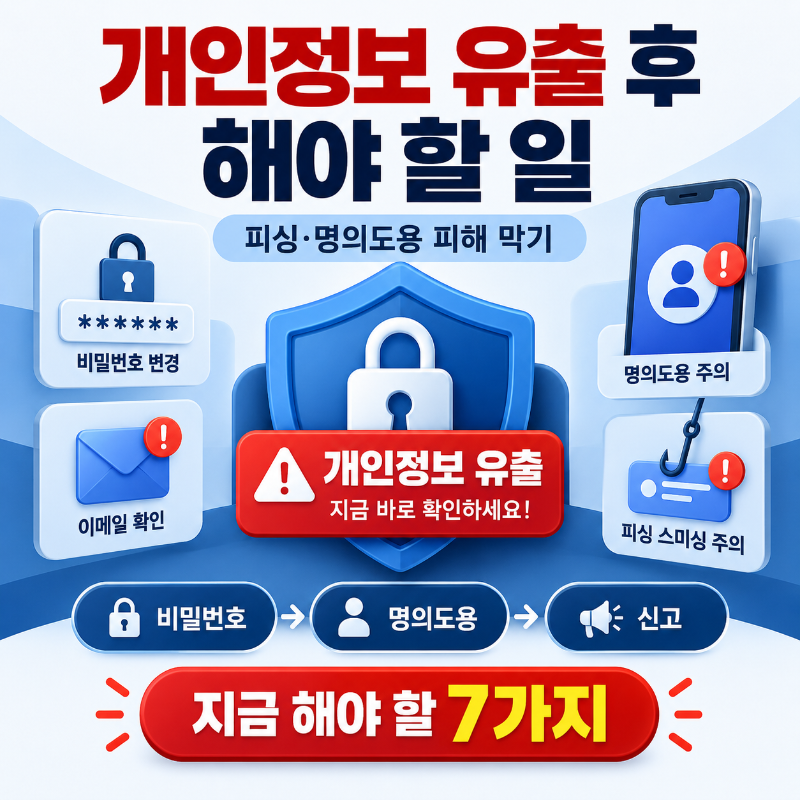 개인정보 유출 후 비밀번호 변경 명의도용 확인 피싱 대응 순서를 정리한 이미지