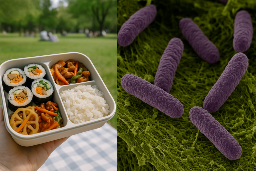 봄 야외활동 중 먹는 도시락과, 도시락 속에서 번식하는 세균의 모습을 대비시킨 이미지, 봄철 식중독 경각심을 표현함