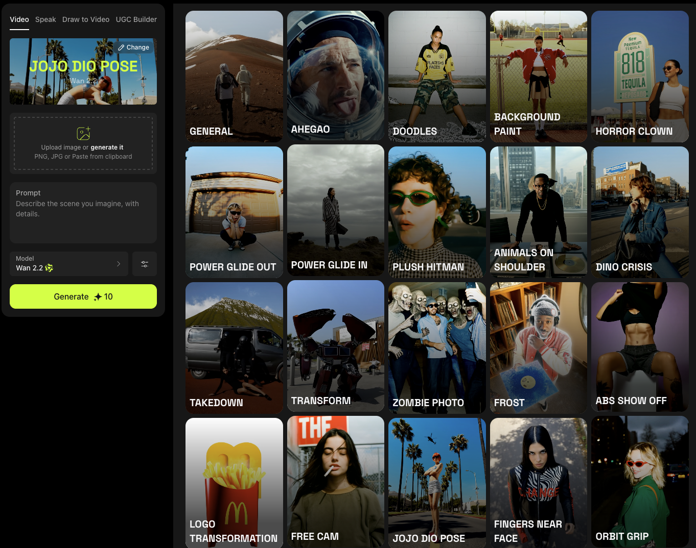 Higgsfield WAN 2.2 interface showing 30+ viral video presets including Ahegao, Abs Show Off, and JoJo poses for AI video generation