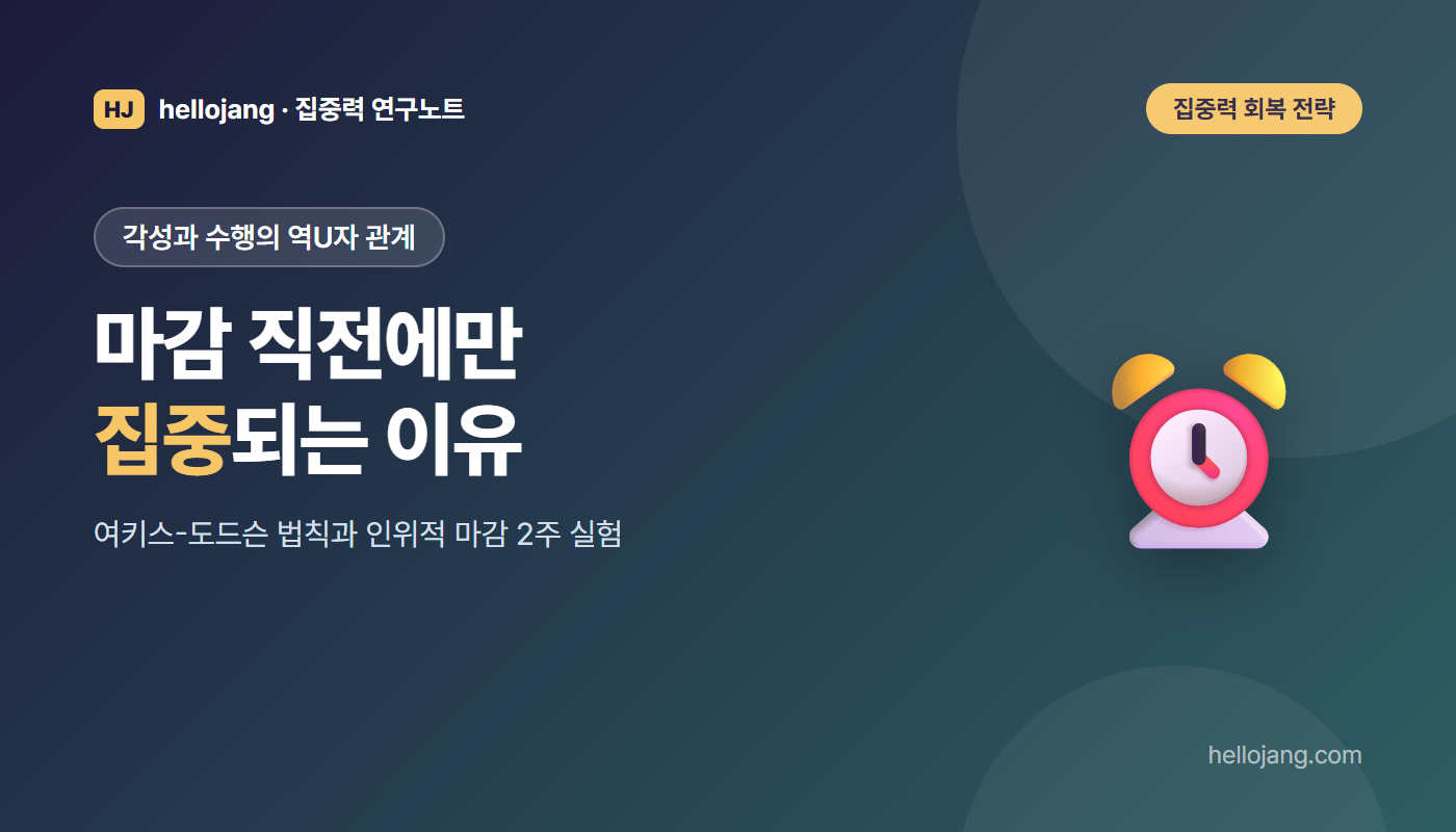 마감 직전에만 집중되는 이유를 각성 수준과 수행의 역U자 관계, 여키스-도드슨 법칙과 인위적 마감 만들기로 풀어 보는 글의 표지 그림