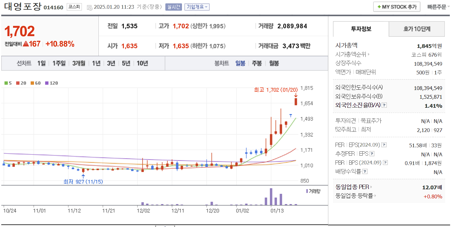 김문수 관련주 대장주 대영포장 일봉 차트
