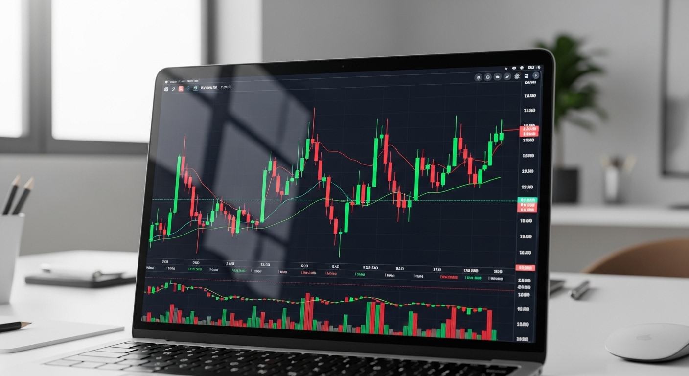 노트북 화면에 표시된 주식 캔들 차트를 분석하는 장면