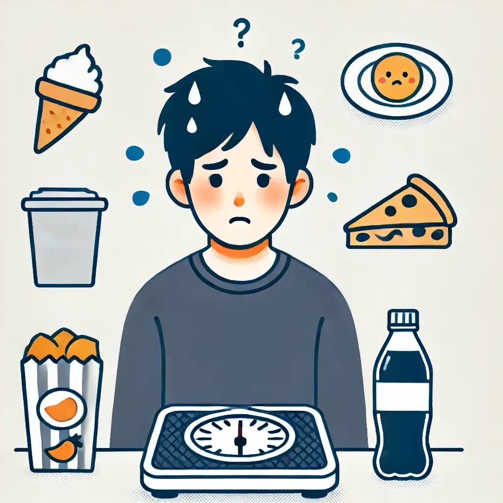불안과 식습관 변화의 관계를 나타낸 일러스트.