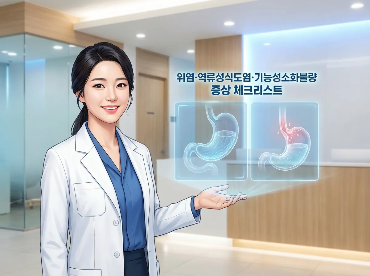 위염과 역류성식도염, 기능성소화불량 증상을 설명하는 한국인 여성 의사와 소화기관 홀로그램 이미지