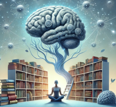 뇌가 정리된 책장으로 변하는 초현실적이고 차분한 일러스트. 배경은 파란색과 흰색의 부드러운 그러데이션으로 마음의 평화를 상징. 뉴런이 책으로, 시냅스가 아이디어 연결로 바뀌며, 앞에는 명상하는 인물이 앉아 있는 모습.