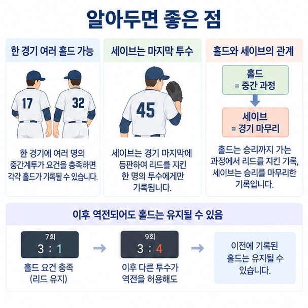 중간투수의 홀드와 마지막 투수의 세이브 차이를 경기 흐름으로 비교한 이미지