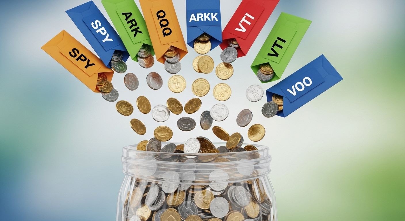 여러 개의 작은 배당금 봉투가 모여 큰 돈 봉투가 되는 그림