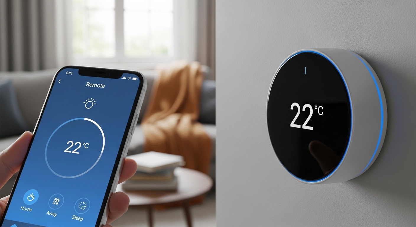 스마트폰 앱으로 원격 제어되는 세련된 스마트 온습도 조절기 화면. 따뜻하고 효율적인 난방을 통해 난방비를 절약하는 모습을 시사한다.