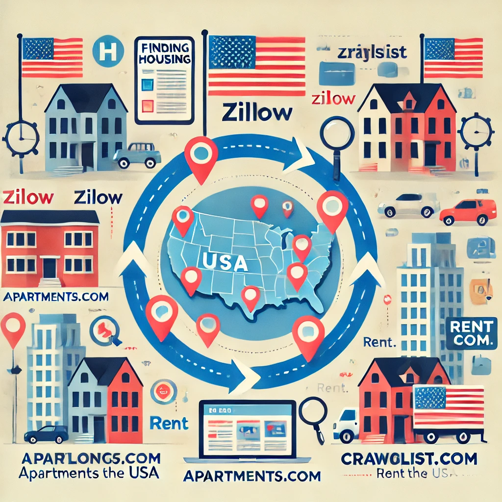 Zillow, Apartments.com, Craigslist 등을 활용한 미국 내 주택 찾기 과정 설명 인포그래픽.