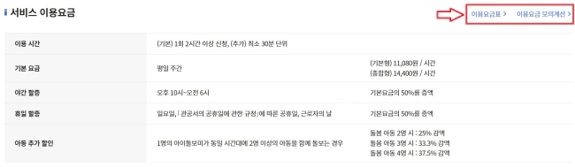 이용요금 및 모의계산 클릭 위치