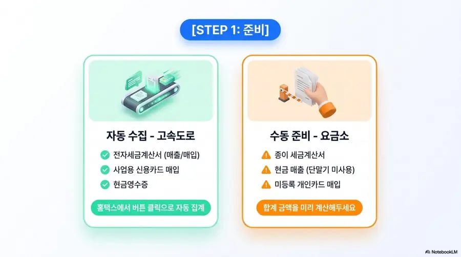 홈택스 부가세 신고 자료 준비 자동 수집과 수동 준비 비교 이미지. 자동 수집 항목으로 전자세금계산서 매출 매입과 사업용 신용카드 매입 그리고 현금영수증이 있고 수동 준비 항목으로 종이 세금계산서와 현금 매출 그리고 미등록 개인카드 매입이 있으며 각각의 처리 방법을 시각적으로 비교함