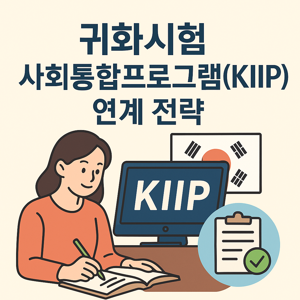 “귀화시험 사회통합프로그램(KIIP) 연계 전략”이라는 제목 아래, 노란색 셔츠를 입은 여성이 책에 필기하며 공부하는 모습을 중심으로, 옆에는 “KIIP”가 표시된 컴퓨터 모니터와 태극기가 배경에 배치되어 있고, 오른쪽 하단에는 체크 표시가 있는 서류 아이콘이 삽입된 일러스트 이미지. KIIP 프로그램을 공부하고 준비하는 분위기를 시각적으로 표현한 인포그래픽 스타일의 썸네일.