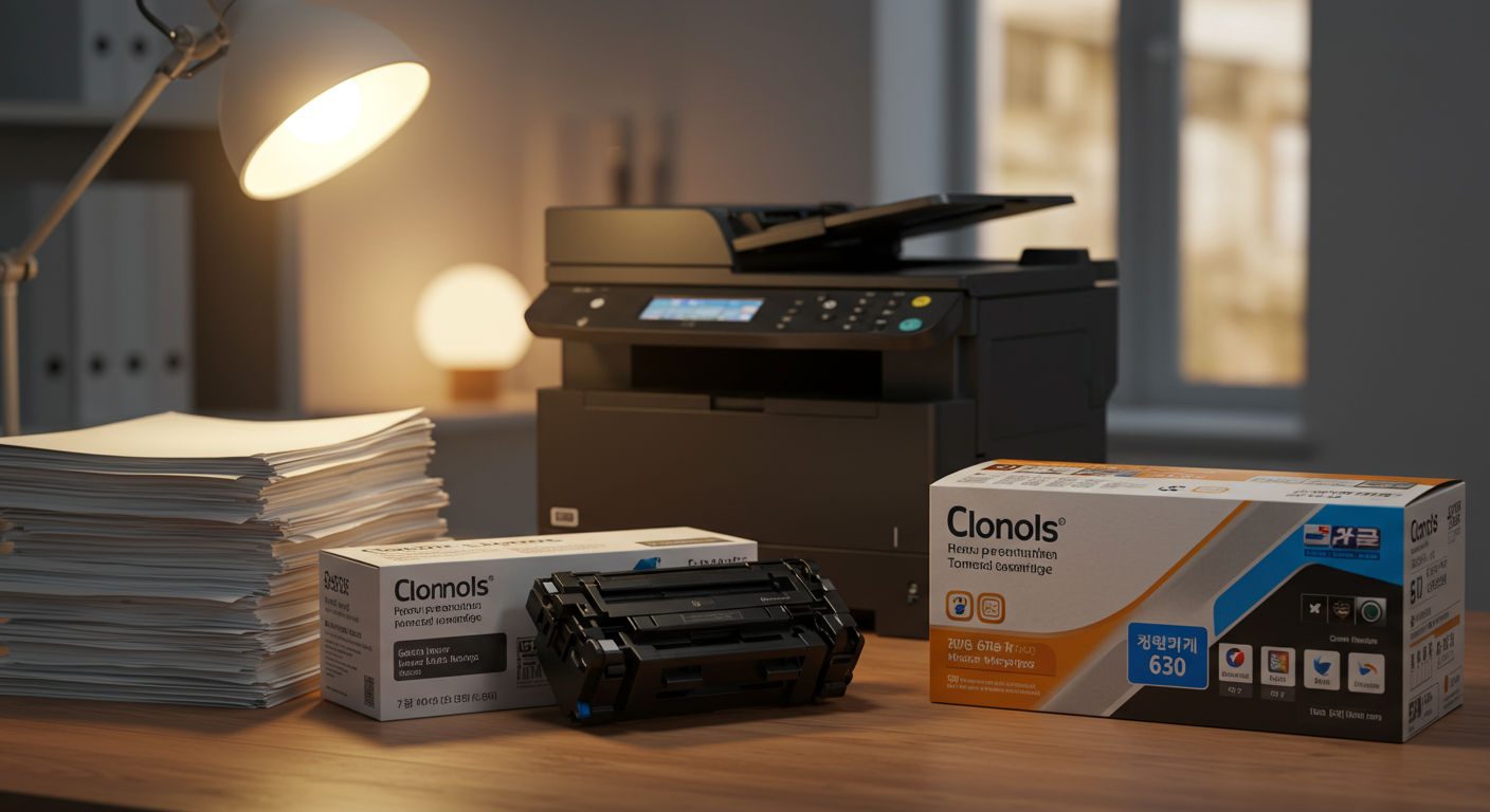 레이저프린터 옆에 놓인 정품 토너와 호환 토너 카트리지, 비용 효율성을 강조하는 이미지