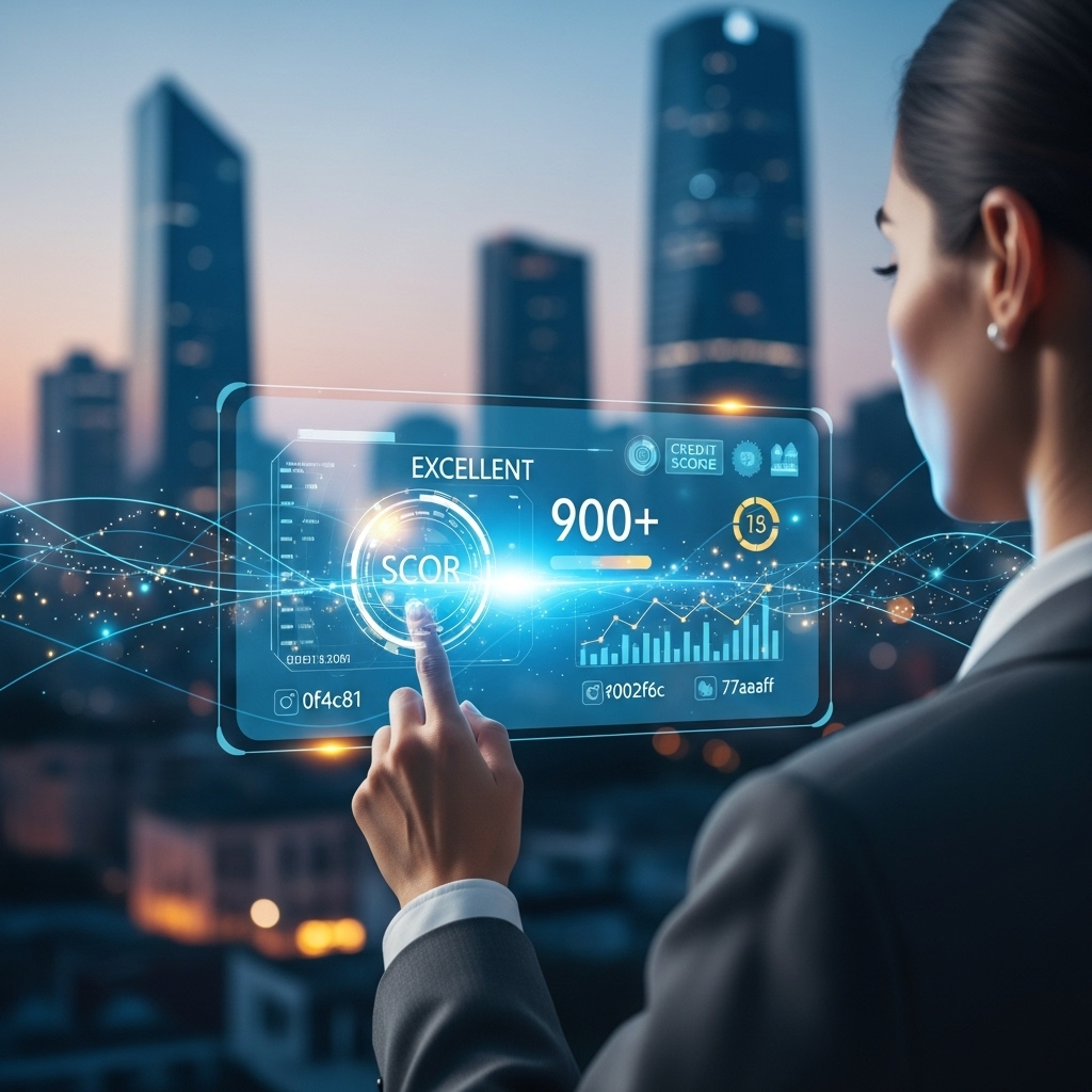 2025년의 높은 신용 점수를 확인하며 만족하는 사람과 미래 금융 기술 인터페이스, 신용 관리의 성공을 상징하는 이미지.