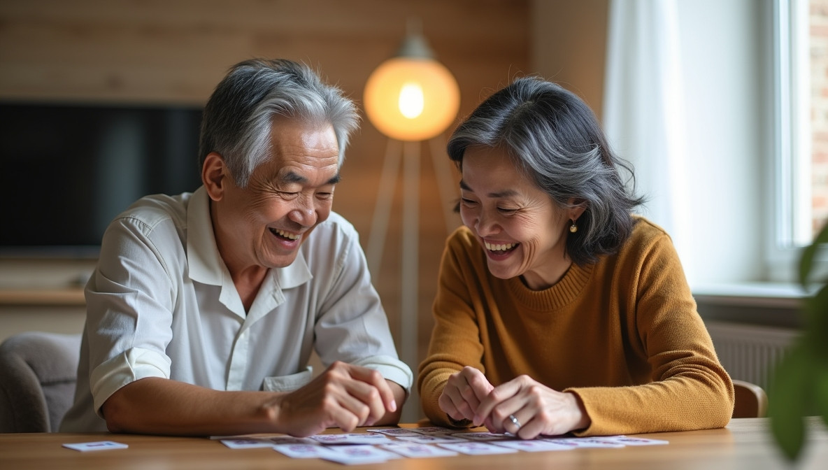 60대 아시아 남녀가 테이블에 나란히 앉아 메모리 카드 게임을 하며 환하게 웃고 있는 모습