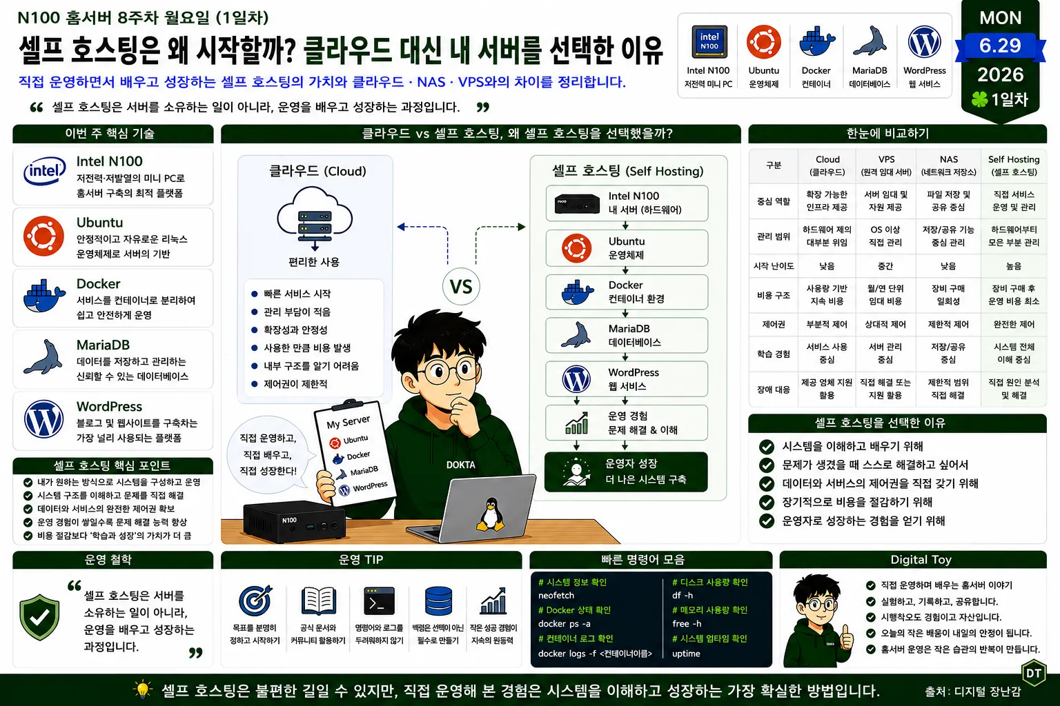 Intel N100 홈서버에서 Docker Compose를 이용해 MariaDB 데이터베이스 서버를 구축하는 과정을 정리한 운영 다이어그램