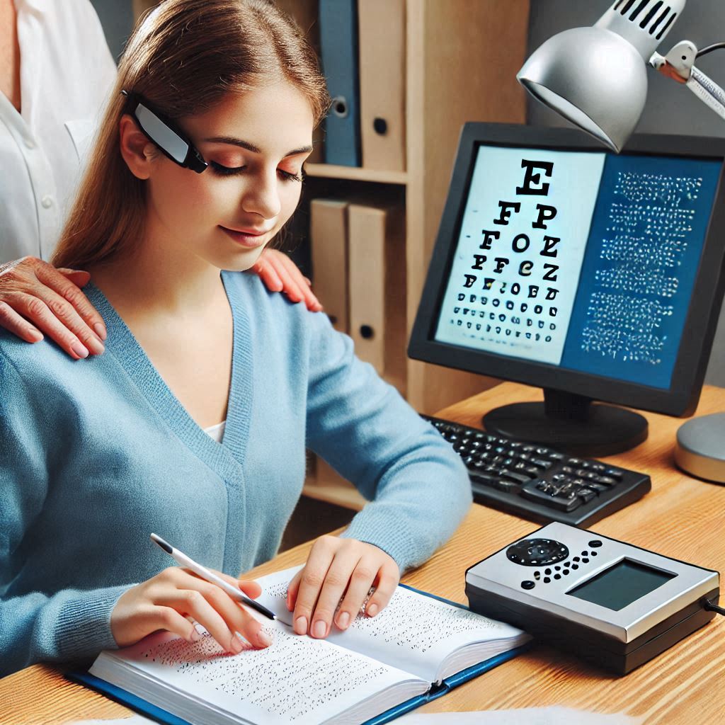 시각장애인 학생이 점자 교육을 받으며 점자 교재를 읽고, 옆에는 점자 정보 단말기가 놓여있는 장면