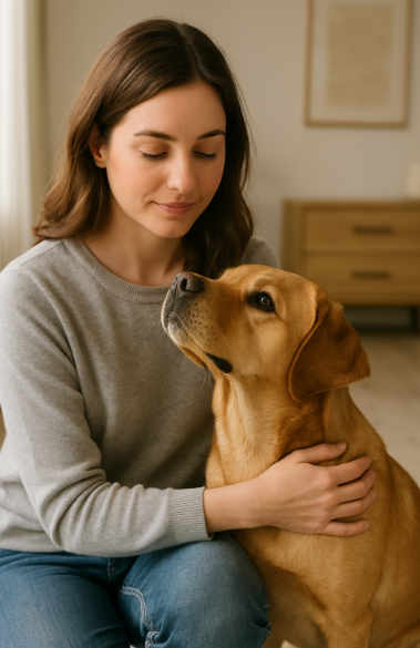개를 쓰다듬는 여성