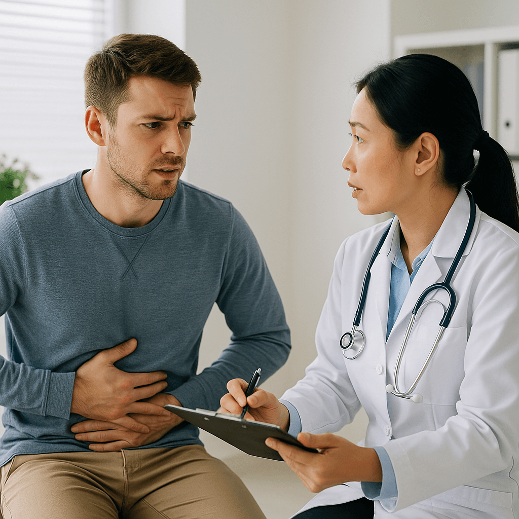 복통을 호소하며 장 질환 상담을 받는 남성(출처**자체제작)